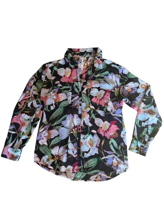 Bellatrix Moody Black Floral Blouse Tropical Breezy Resort Shirt Tail Medium - Picture 2 of 12